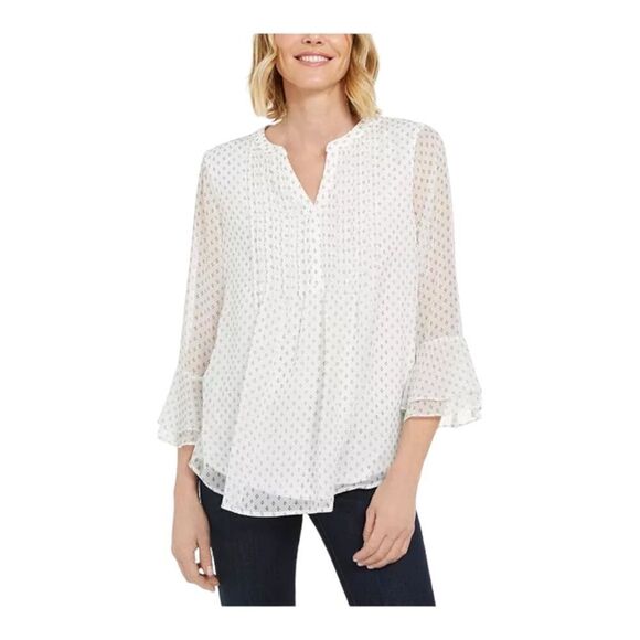 Charter Club Womens Petite Printed Pintuck Top White Black Cloud Combo Small NWT - Picture 1 of 11